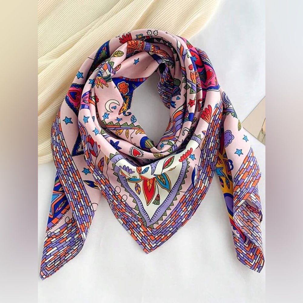 Boho Square Scarf – Pink Floral & Bird Print – Lightweight Chic Wrap – NWT - Picture 2 of 9